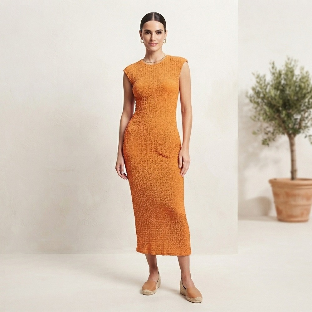 ZARA Textured Midi Dress Crinkle Stretch Cap Sleeve 3644/311 Orange Large